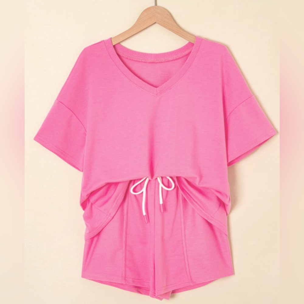 Bright Pink V-Neck Drawstring Lounge Set